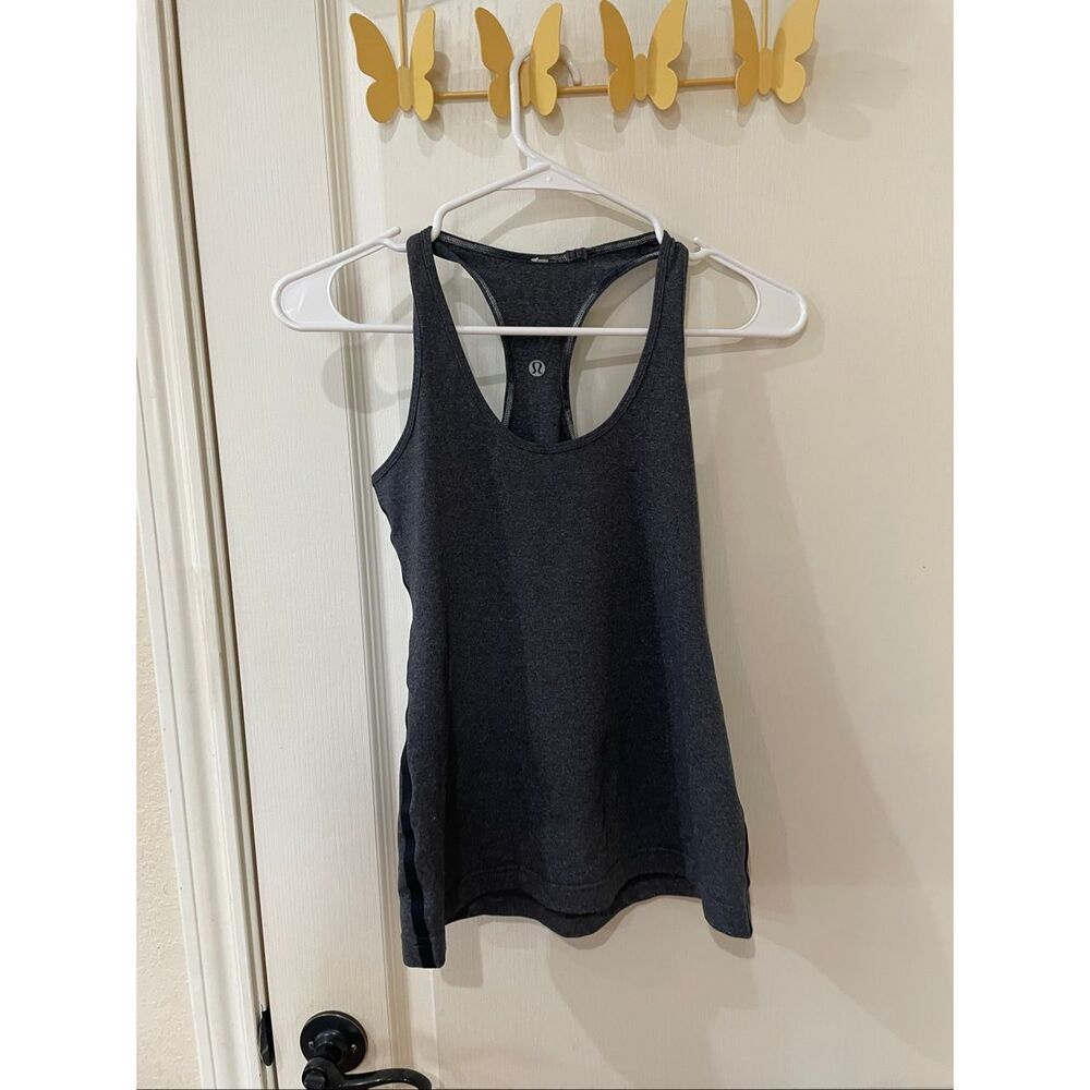 Lululemon Racerback Grey with Blacl Ribbon trim tank top size Medium